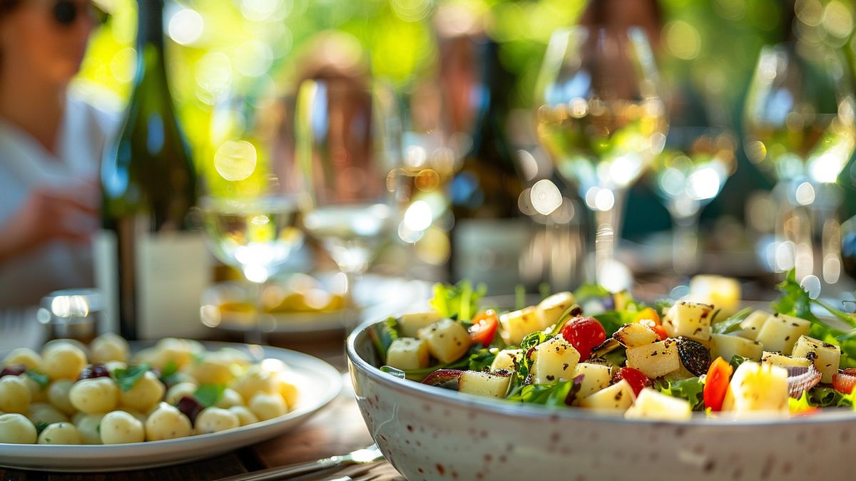 Saladier de pommes de terre en dés aux légumes sur une table de jardin, avec verres de vin blanc et bouteille