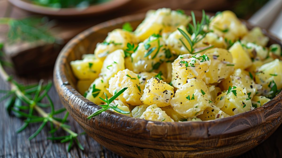 Salade de pommes de terre en dés parsemée d’herbes fraîches dans un saladier en bois, brins de romarin autour