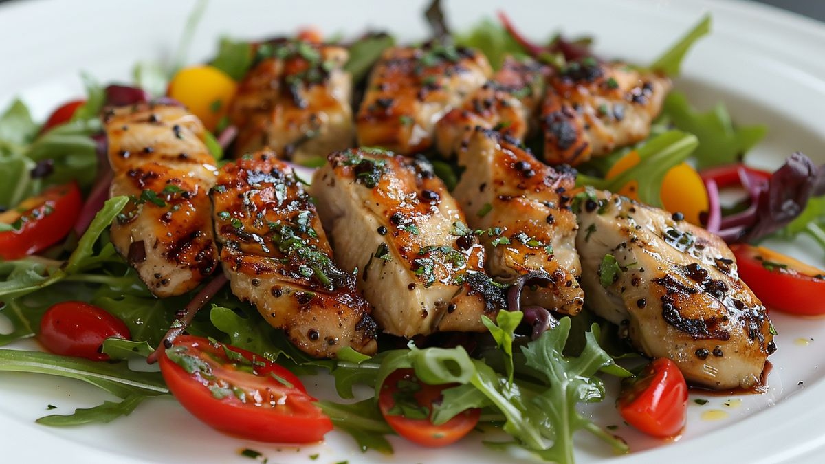 Morceaux de volaille grillés posés sur une salade de roquette et de tomates cerises dans une assiette blanche