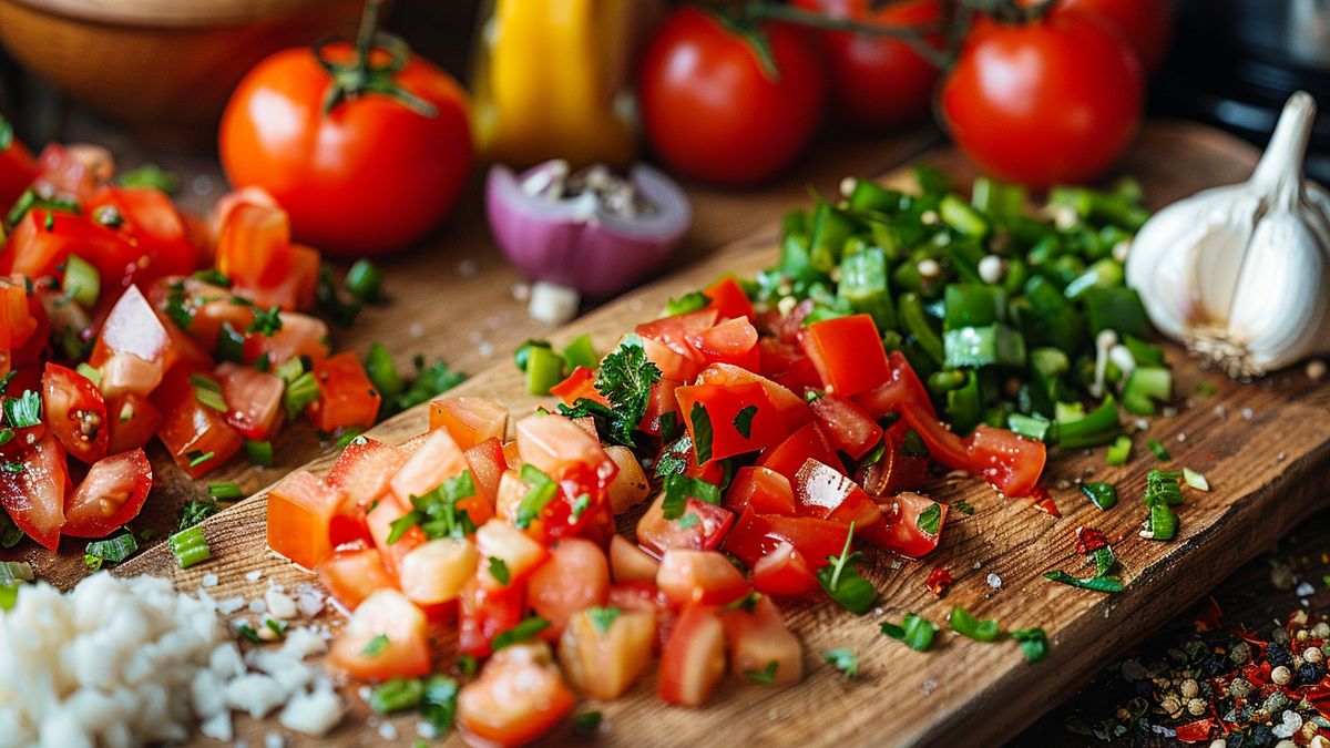 Tomates en dés, piment vert, oignon et ail fraîchement coupés sur une planche en bois, tomates entières derrière