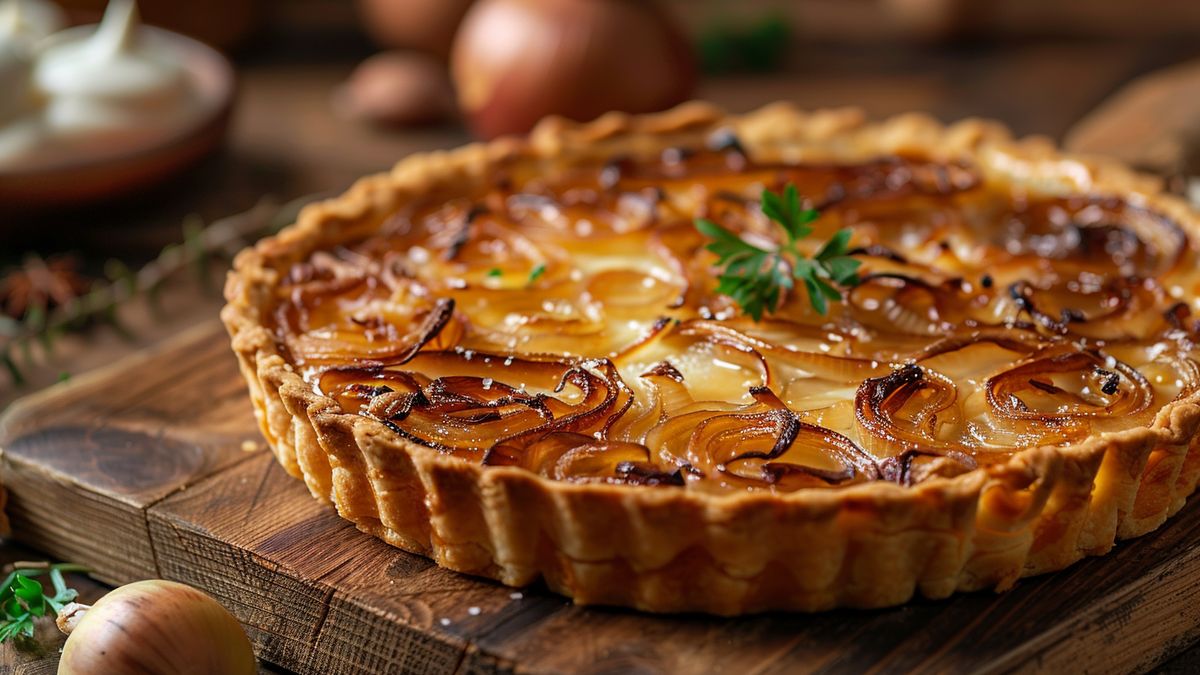 Tarte aux oignons caramélisés à bord haut et dorée, décorée d’un brin d’herbe, sur une planche en bois