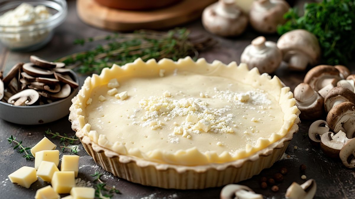 Fond de tarte garni d’une crème au fromage, entouré de dés de fromage et de champignons de Paris émincés