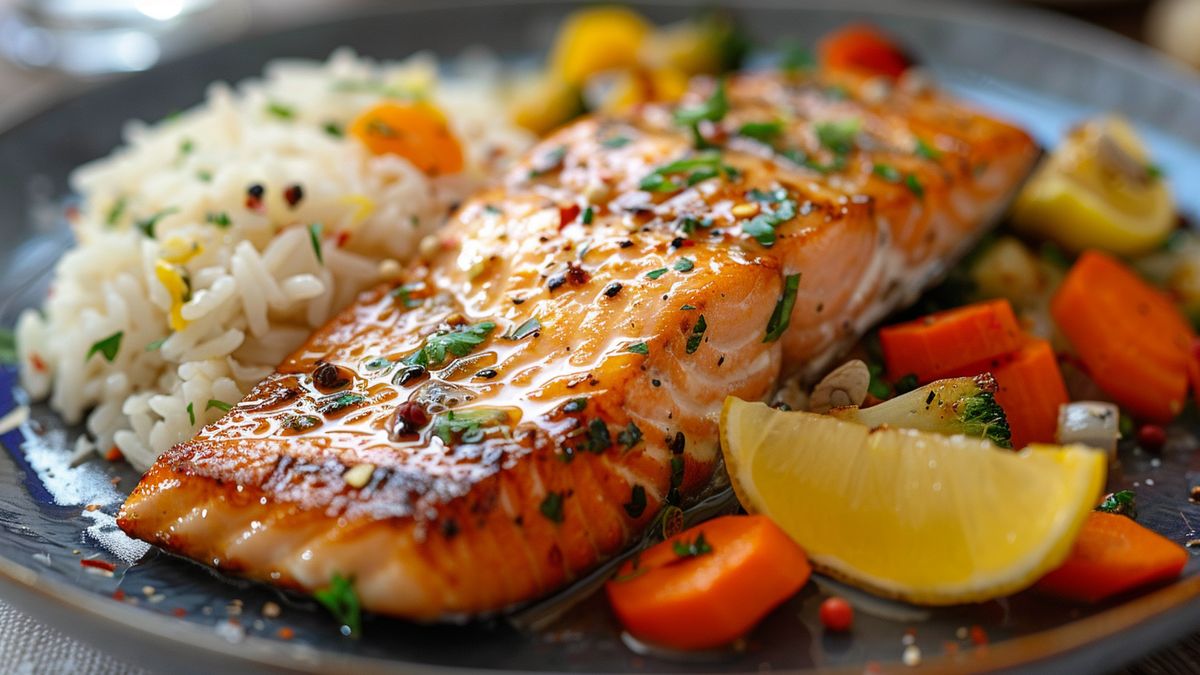 Filet de poisson rosé grillé servi avec du riz, des carottes, des légumes sautés et un quartier de citron