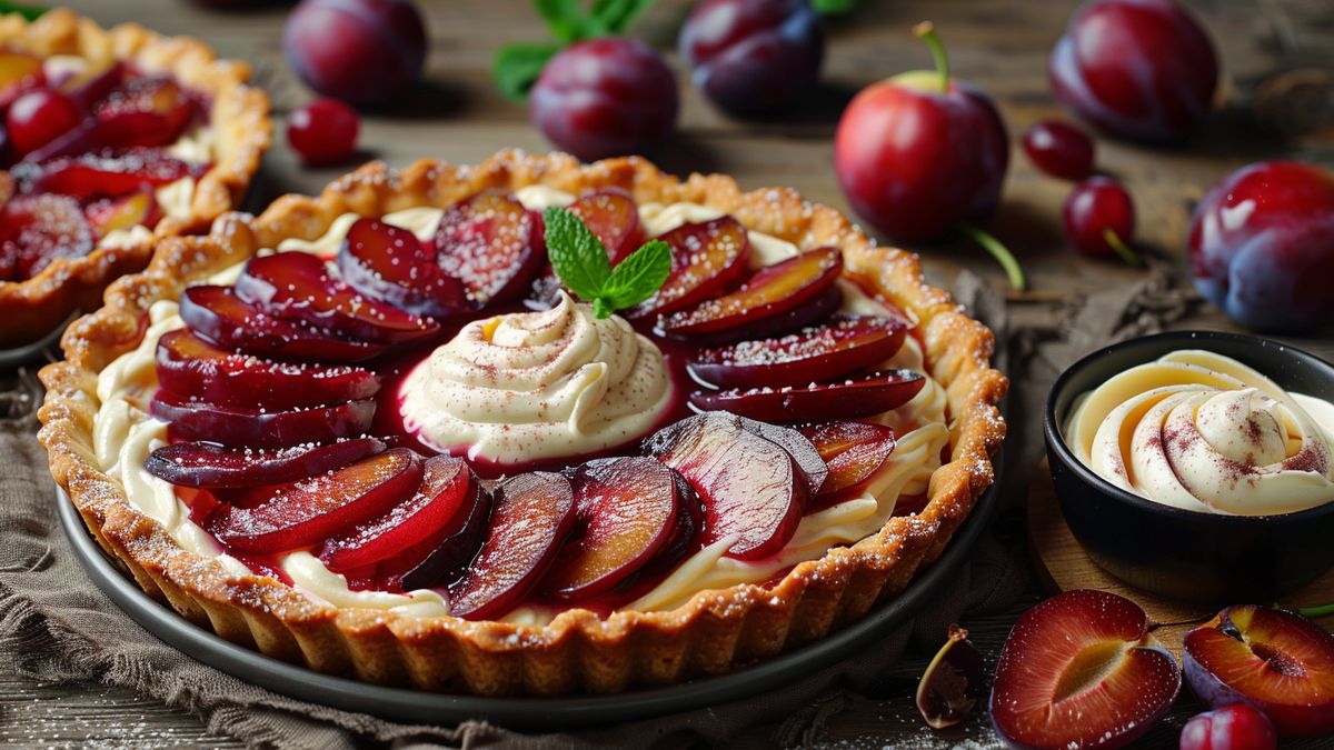 Tarte aux quetsches : une recette simple et délicieuse 2 Sliced plums and a bowl of almond cream next to a prepared tart.