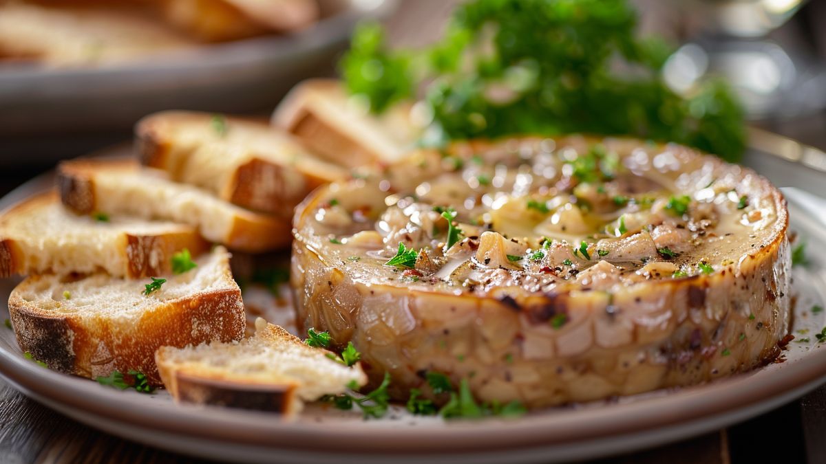 Recette de foie gras d'oie mi-cuit 3 Foie gras micuit served on a plate with fresh bread slices.