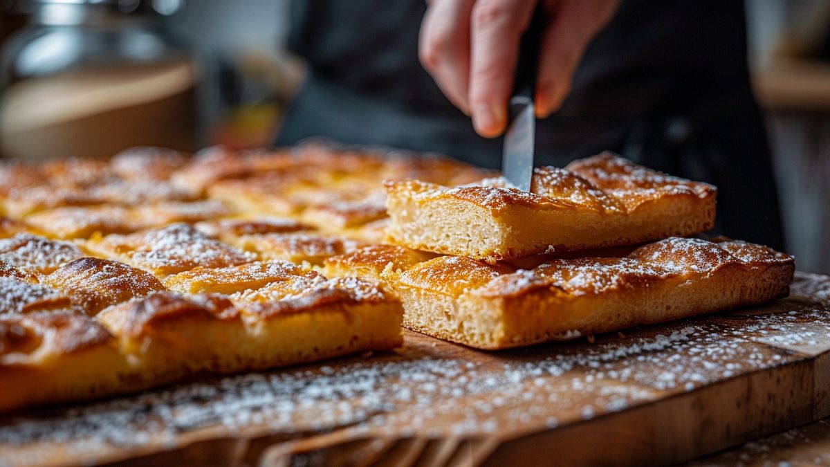 Savourez une tarte flambée authentique 3 Closeup of a Flammekueche being sliced into perfect squares on a rustic wooden board.
