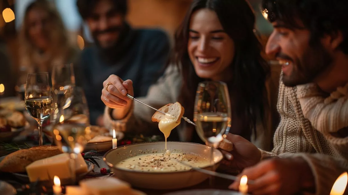 Fondue au Munster : une recette simple et délicieuse 2 Guests dipping bread into cheese fondue, smiling and enjoying the meal together.