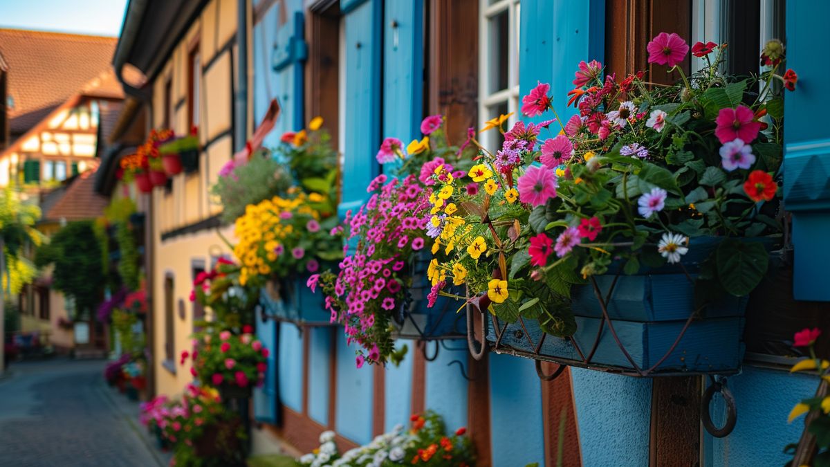 Jardinière débordant de fleurs colorées sur une façade bleue, dans une ruelle de maisons à colombages