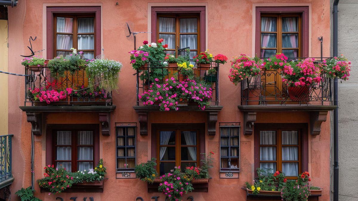 Façade rose aux balcons en fer forgé et jardinières débordant de fleurs rouges, roses et blanches