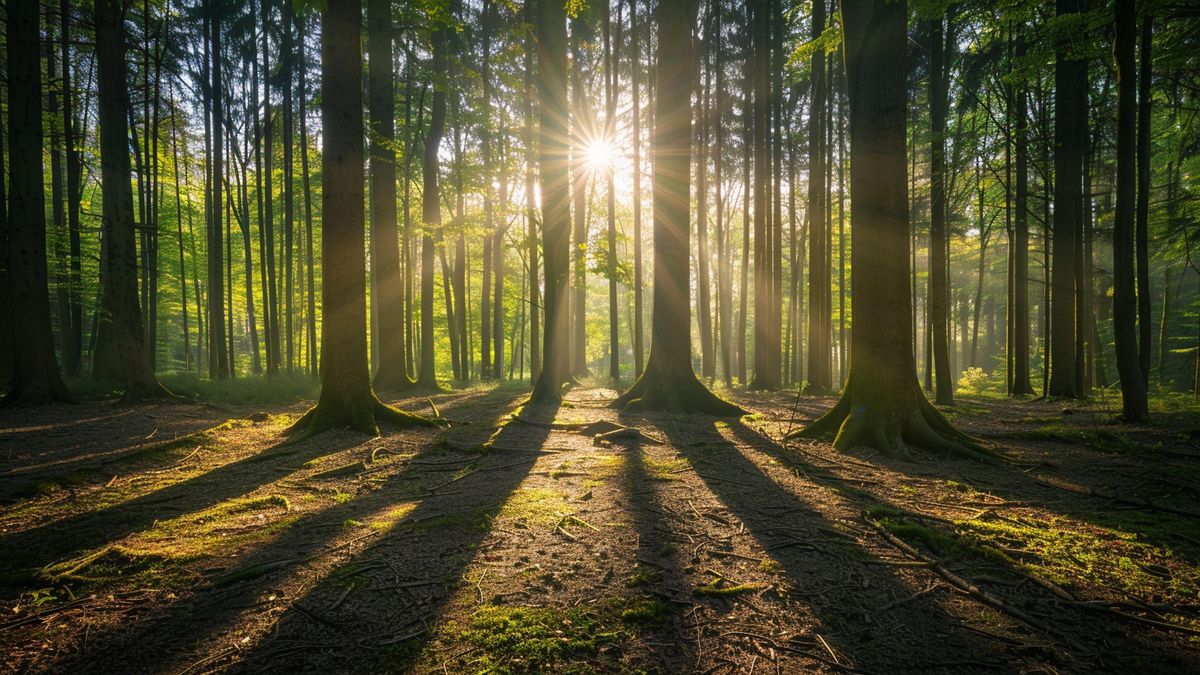 Sous-bois de grands arbres traversé par les rayons du soleil, qui dessinent de longues ombres au sol