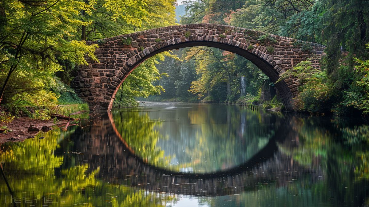 Pont de pierre en arc au-dessus d’une rivière calme où il se reflète en cercle, au cœur d’une forêt verdoyante