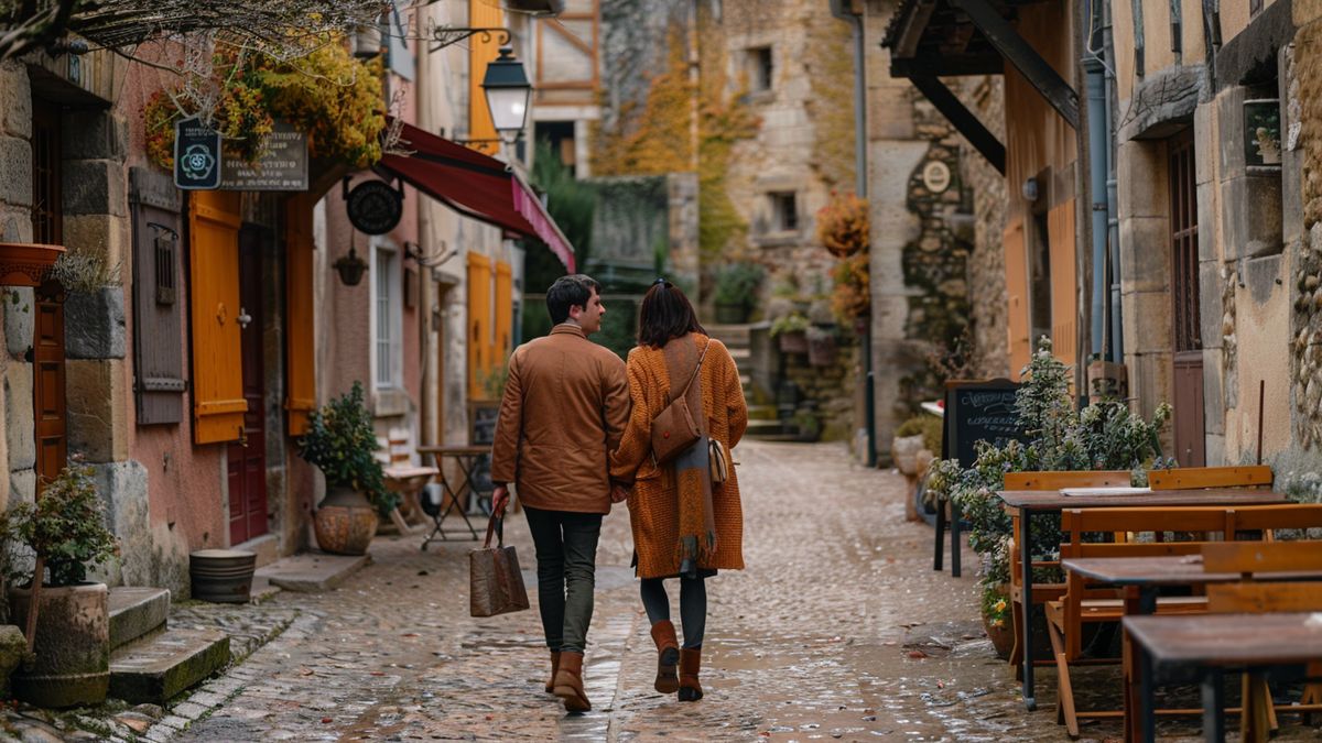 Couple marchant main dans la main dans une ruelle pavée bordée de maisons en pierre et de terrasses