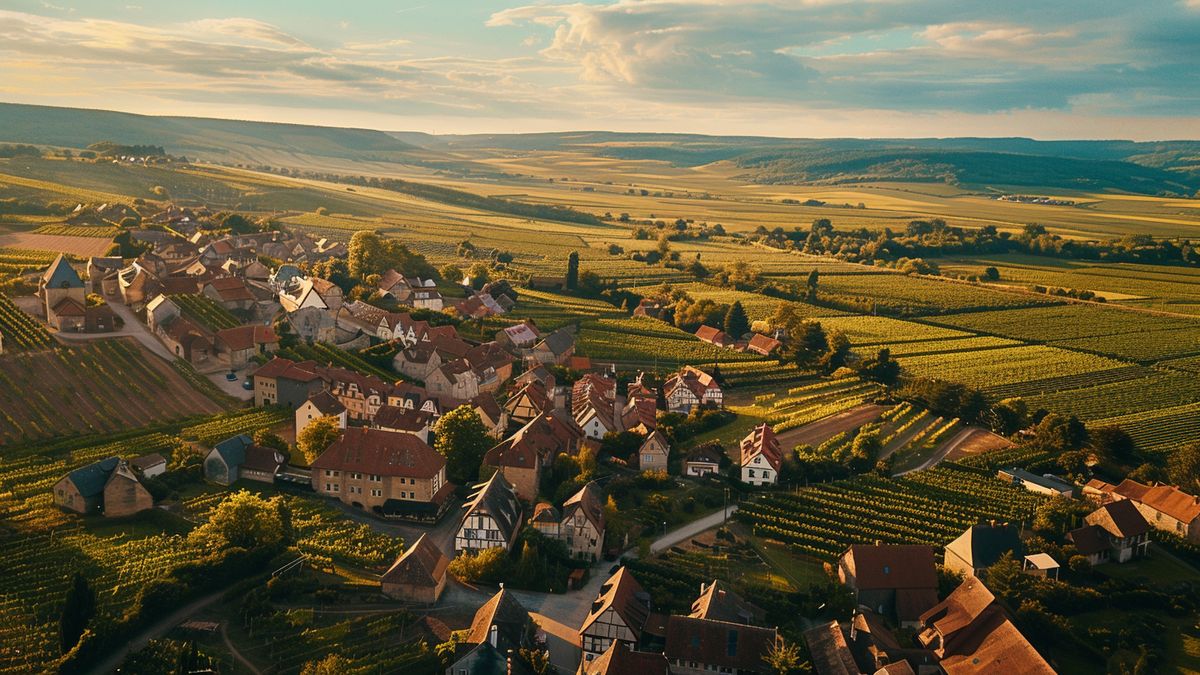 Vue aérienne d’un village aux toits de tuiles entouré de vignes et de champs, dans la lumière dorée du soir