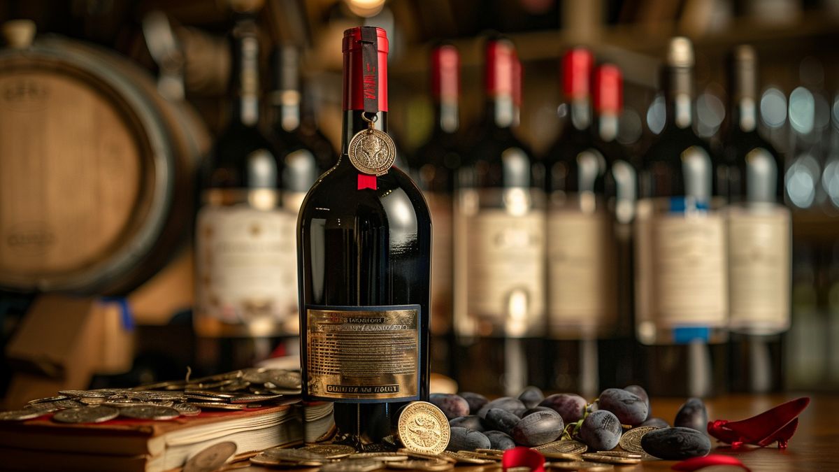 Bouteille de vin rouge médaillée devant une rangée de bouteilles, avec pièces et prunes sur la table