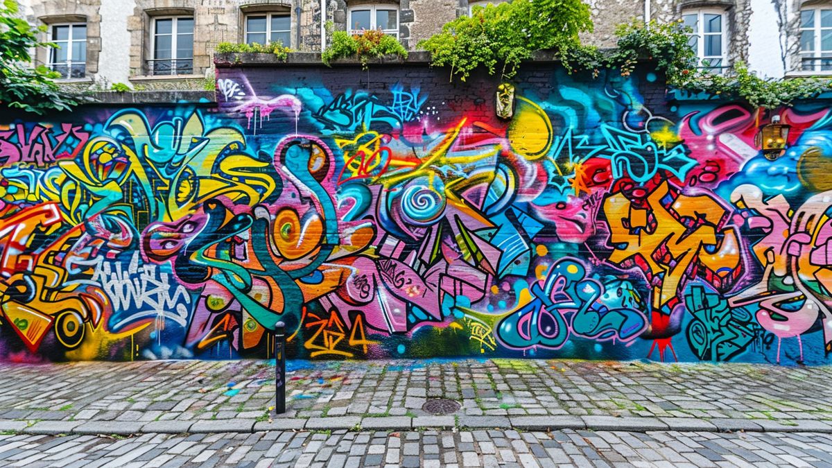 Long mur couvert de graffitis aux couleurs vives, le long d’une place pavée bordée d’immeubles