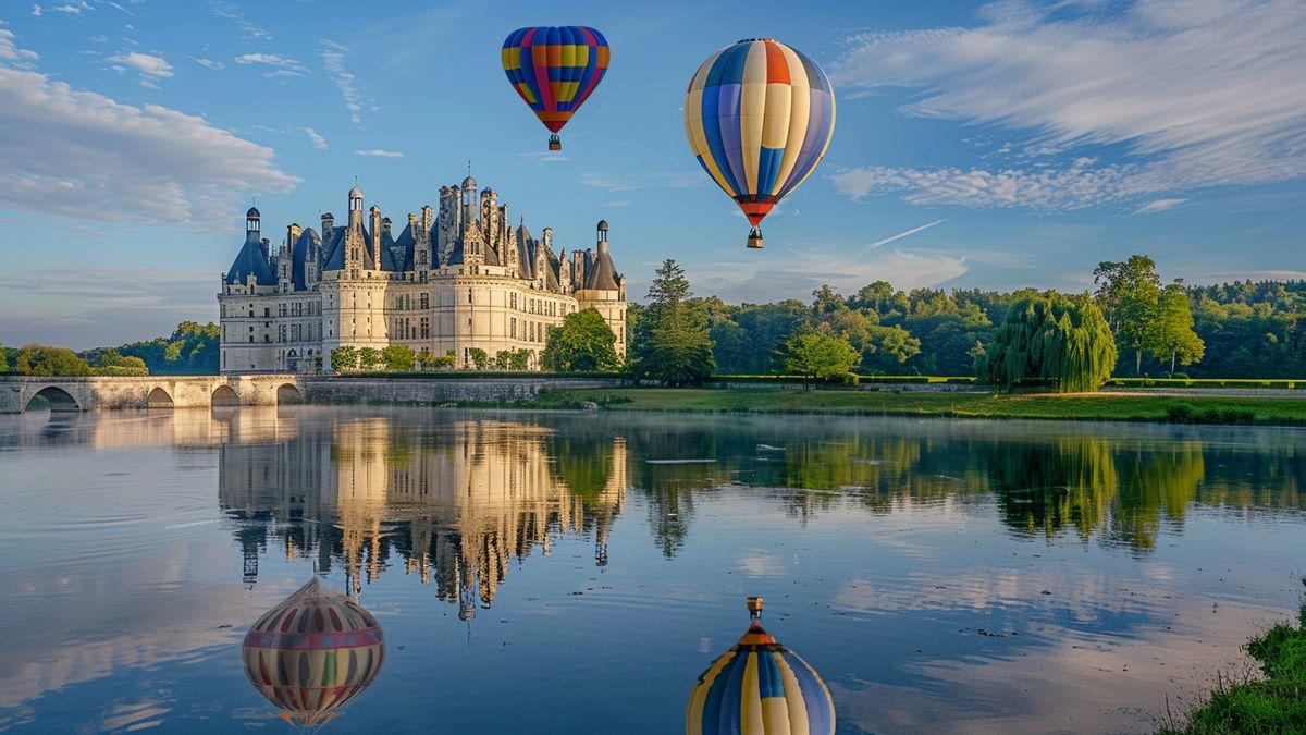 Château Renaissance se reflétant dans un plan d’eau, avec deux montgolfières colorées dans le ciel bleu