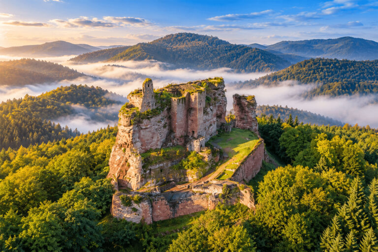 Le château sur son rocher de grès, brumes matinales sur les forêts (Château de Fleckenstein)