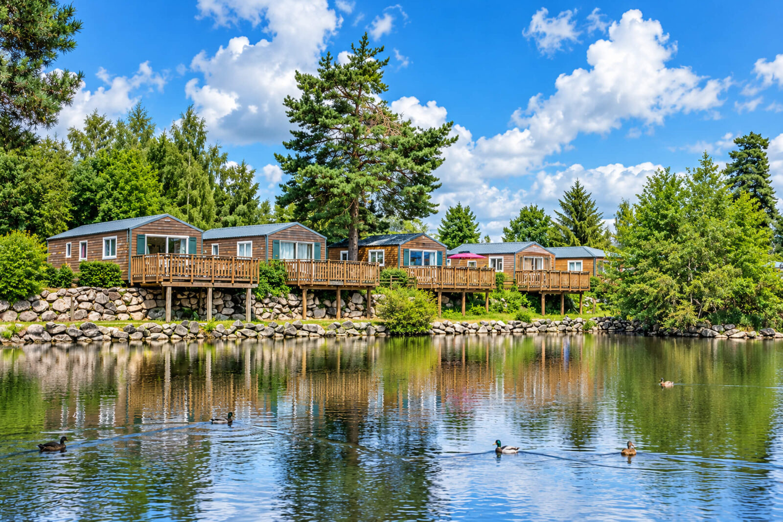Chalets en bois sur pilotis au bord d’un étang entouré de forêt, canards sur l’eau par beau temps