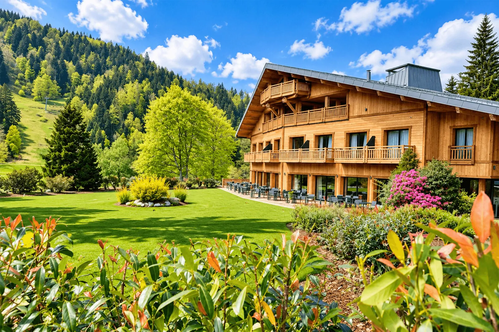 Hôtel de style chalet à balcons en bois entouré de pelouses et de massifs fleuris, au pied des collines