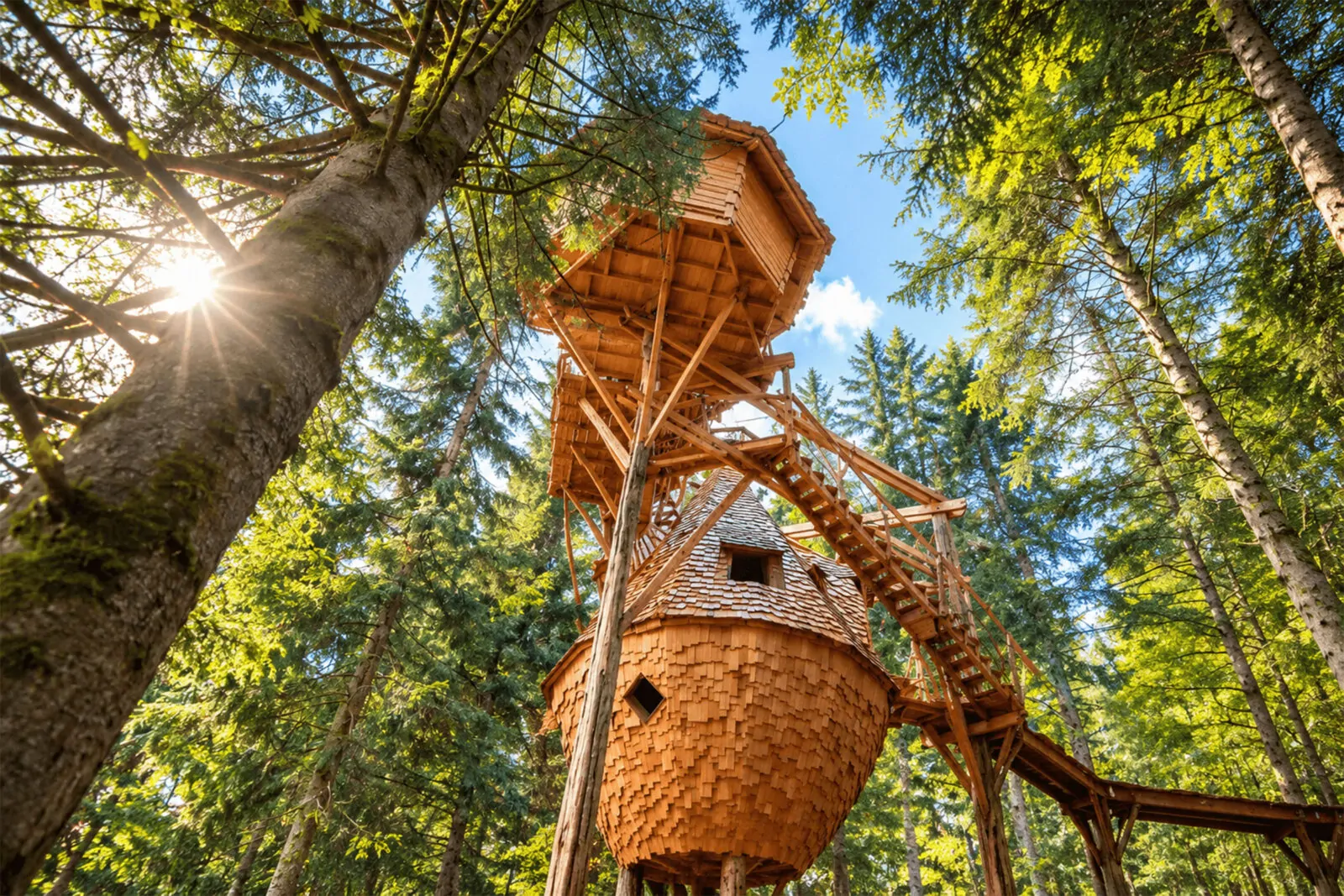 Cabane ronde en bois perchée dans les arbres et reliée par un escalier, vue en contre-plongée