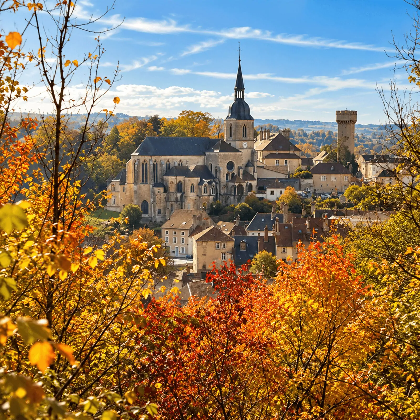 Village dominé par une grande église à clocher pointu, vu à travers des feuillages d’automne orangés