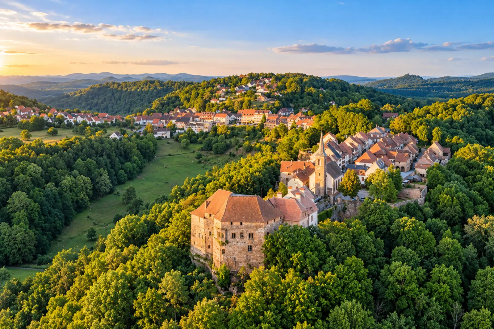 Vue aérienne de La Petite-Pierre, son château et ses maisons au milieu d’une vaste forêt de collines