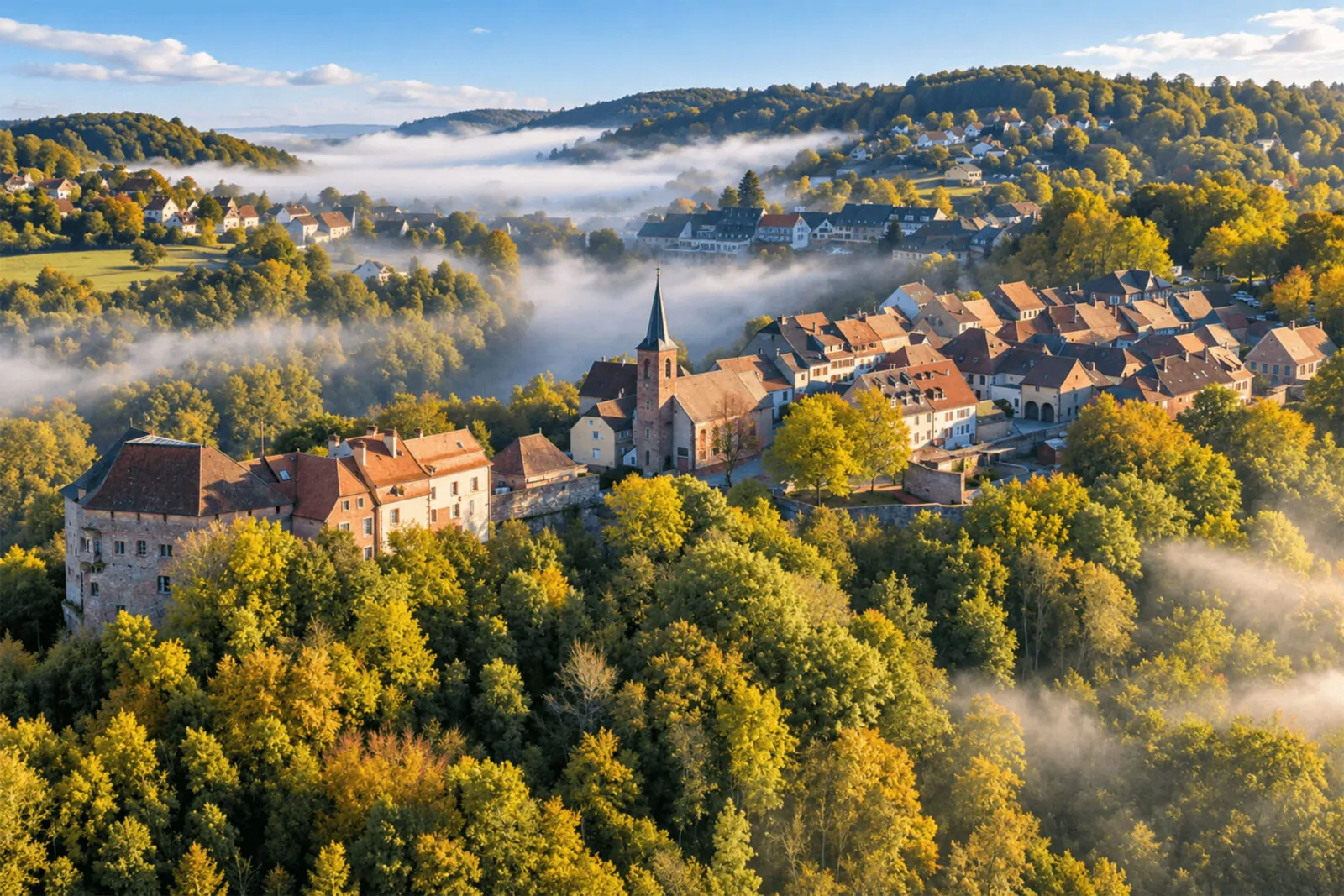 Village de La Petite-Pierre perché sur son éperon de grès, entouré de brume matinale et de forêts