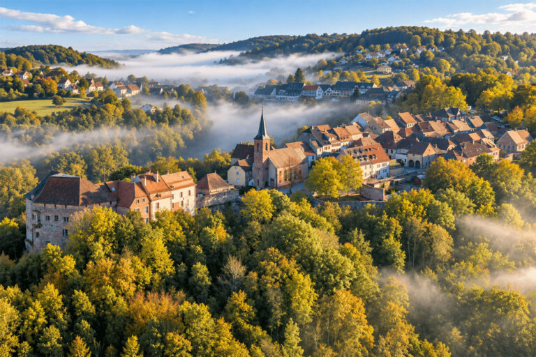 Village de La Petite-Pierre perché sur son éperon de grès, entouré de brume matinale et de forêts