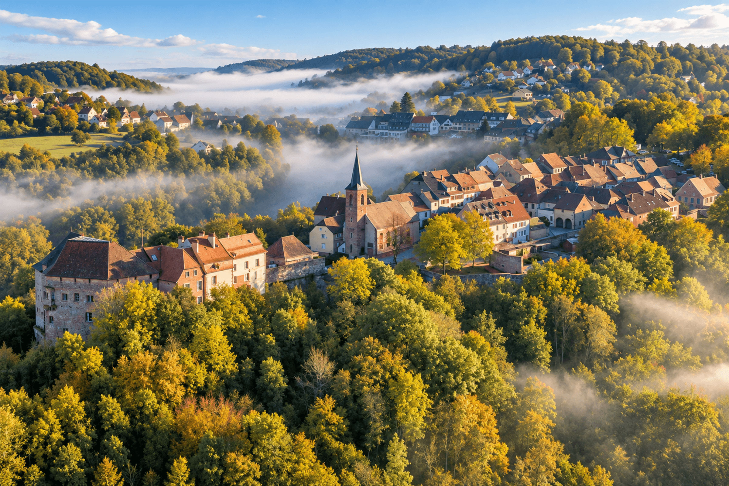 Le village perché dans la brume du matin (La Petite-Pierre (Bas-Rhin))