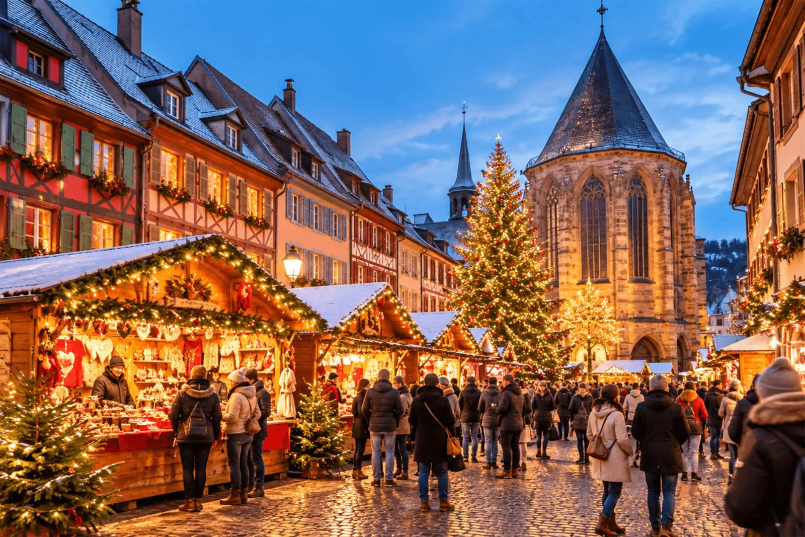 Chalets illuminés d’un marché de Noël devant une église gothique en grès, sapin décoré et promeneurs