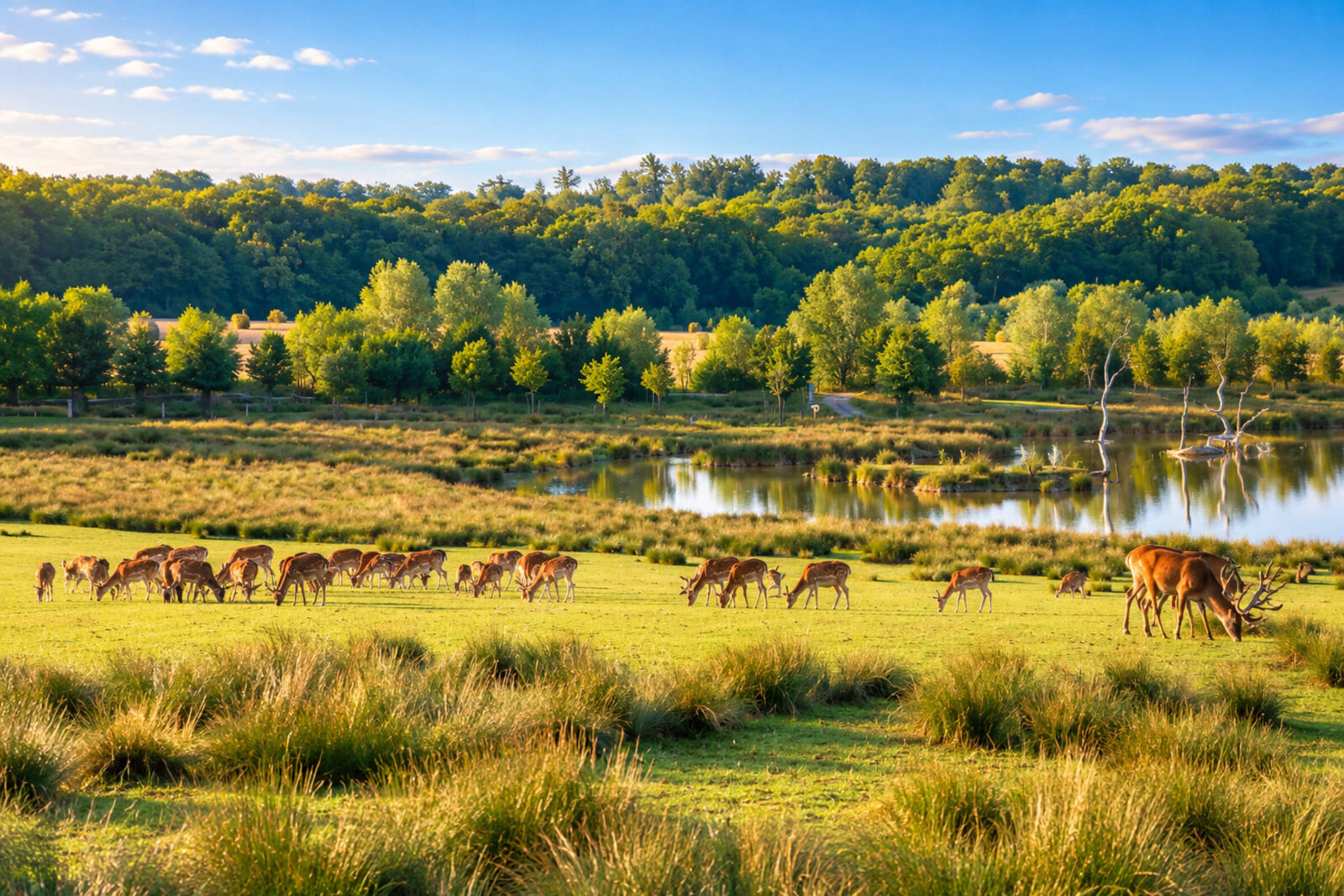 Troupeau de cerfs et de biches broutant dans une prairie au bord d’un étang, parc animalier de Sainte-Croix