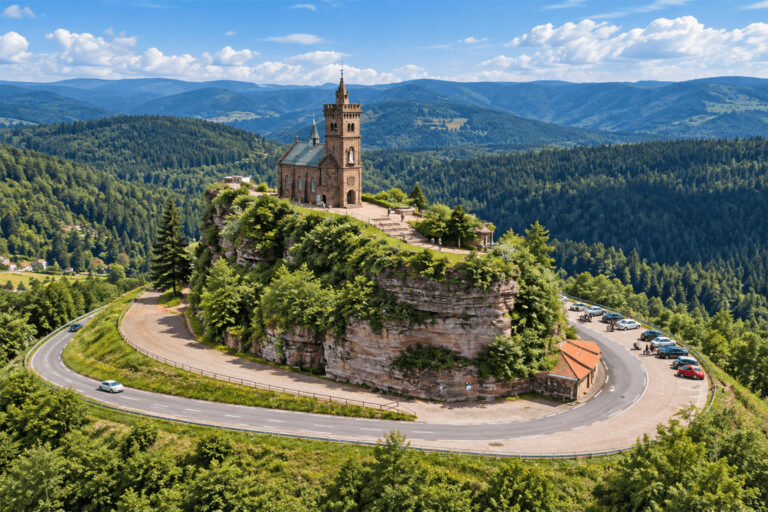 Rocher de grès rose de Dabo coiffé de la chapelle Saint-Léon, au-dessus d’une route en lacets et des forêts