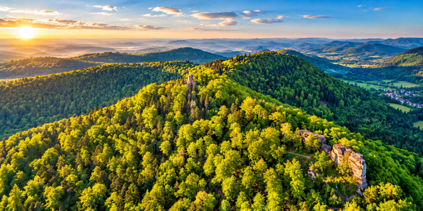 Vue aérienne de crêtes couvertes de forêts et de vallées verdoyantes sous la lumière du soleil couchant