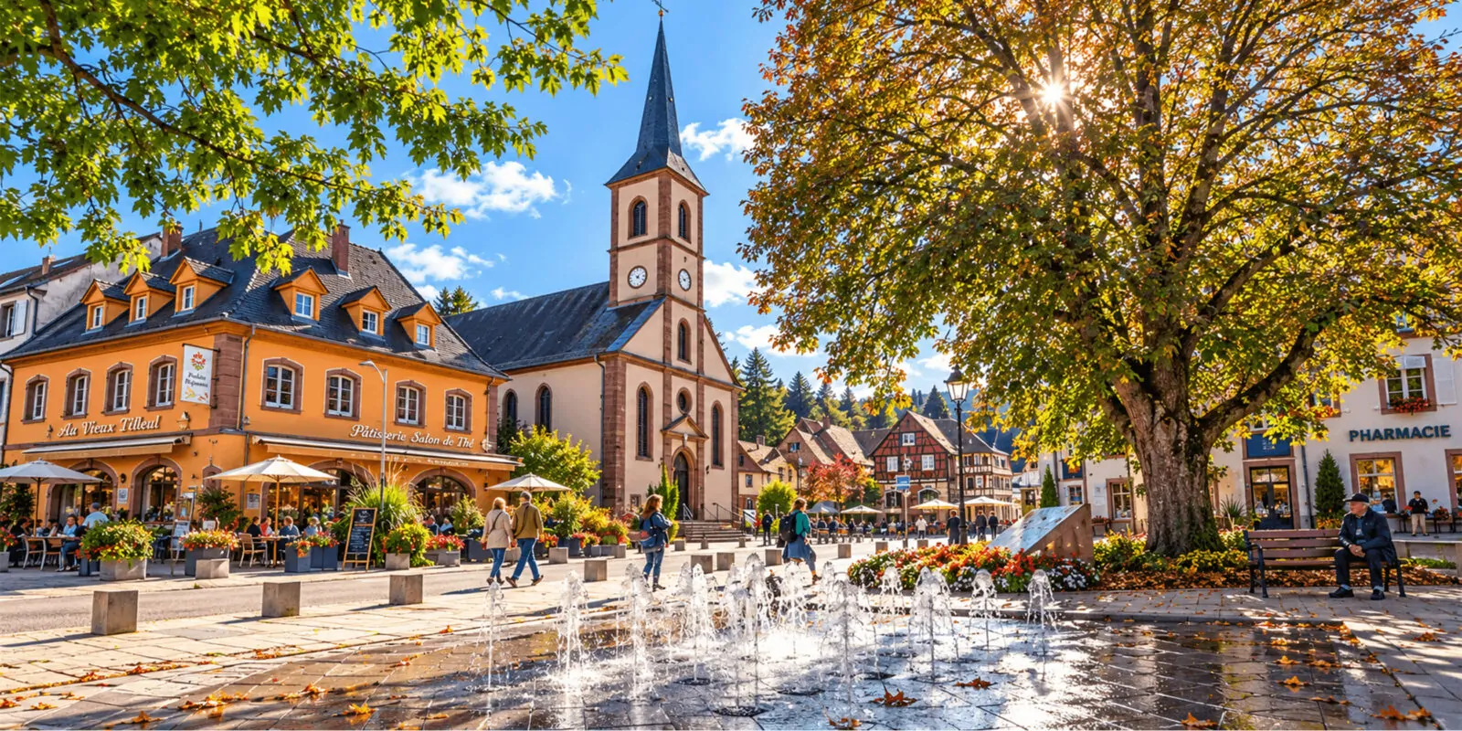 Place de Niederbronn-les-Bains avec jeux d’eau, terrasses, église à clocher pointu et grand arbre en automne