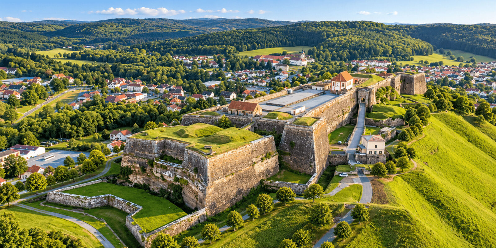 Vue aérienne de la citadelle de Bitche, ses remparts sur la colline verte et la ville en contrebas